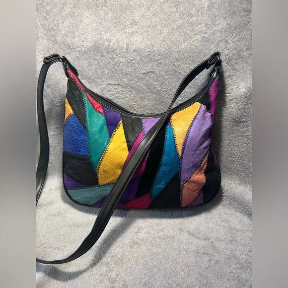 Vtg 80s La Covina Multicolored Recycled Leather Patchwork Shoulder Bag w/ Wallet - Picture 3 of 16